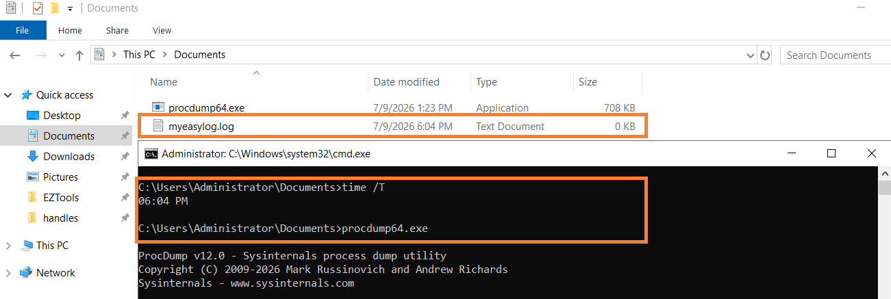 File Explorer showing an empty 0 KB myeasylog.log next to procdump64.exe, with a cmd window confirming it appeared right after ProcDump's first run - a telltale ProcDump artifact.
