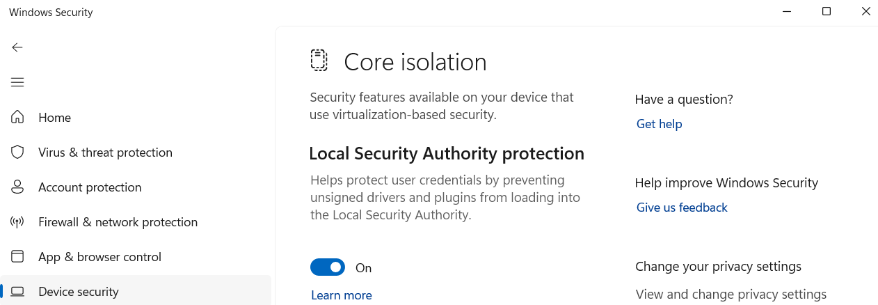 Windows Security Core isolation page with the 'Local Security Authority protection' toggle set to On - the GUI way to enable LSA Protection (RunAsPPL) against LSASS credential dumping.