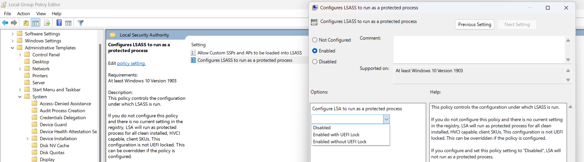 Local Group Policy Editor with the 'Configure LSASS to run as a protected process' policy set to Enabled, showing how to deploy LSA Protection at scale via GPO.