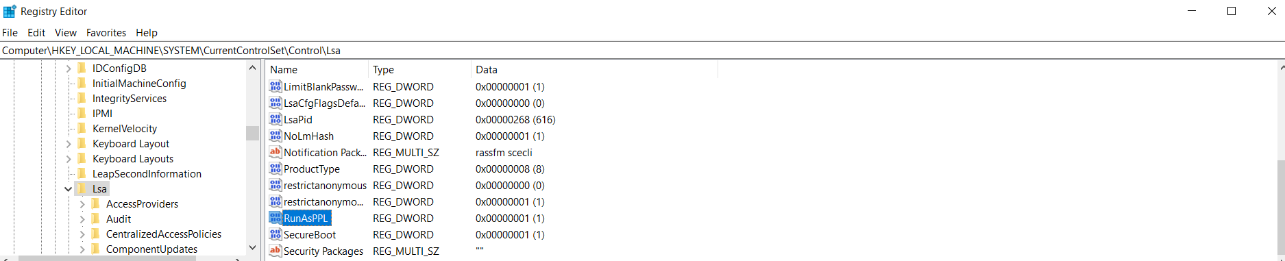 Registry Editor at HKLM\SYSTEM\CurrentControlSet\Control\Lsa with the RunAsPPL DWORD set to 1, enabling LSA Protection to make LSASS a protected process.