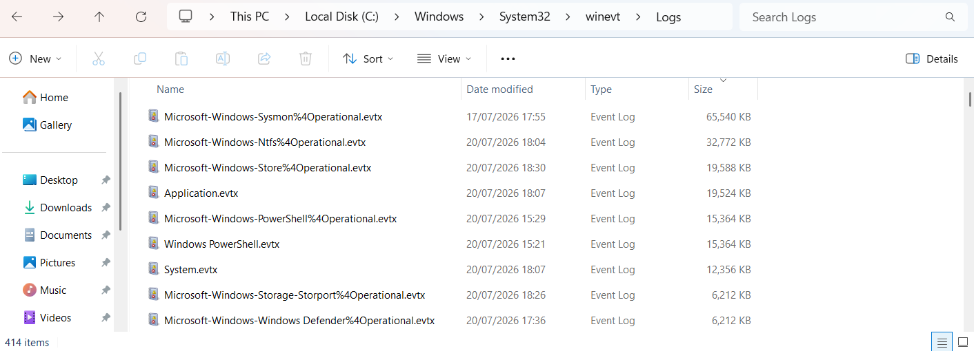 A Windows File Explorer window open at C:\Windows\System32\winevt\Logs, listing .evtx event log files with their dates and sizes. Visible logs include Sysmon Operational (65,540 KB), NTFS Operational, Application, PowerShell, System, and Windows Defender Operational. The folder holds 414 items.