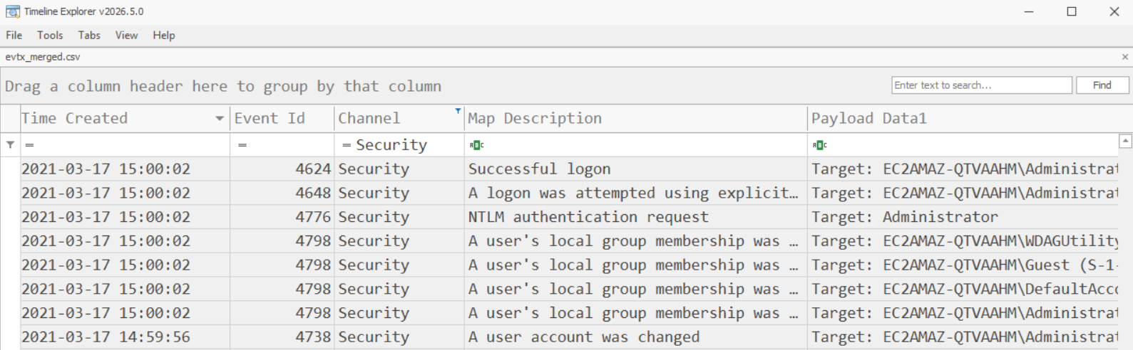 Screenshot of Timeline Explorer showing parsed Windows Security event logs in a table with columns for Time Created, Event Id, Channel, Map Description, and Payload Data, listing logon and account events.