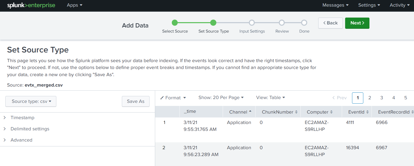 Screenshot of Splunk's Set Source Type page previewing evtx_merged.csv data before indexing, showing a table of events with columns for _time, Channel, ChunkNumber, Computer, EventId, and EventRecordId.