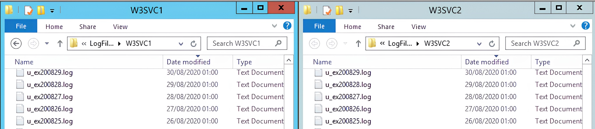 Two side-by-side Windows Explorer windows showing IIS web server log folders W3SVC1 and W3SVC2 under LogFiles. Each contains daily u_exYYMMDD.log text files dated late August 2020, illustrating that each IIS site writes its own separate access logs.