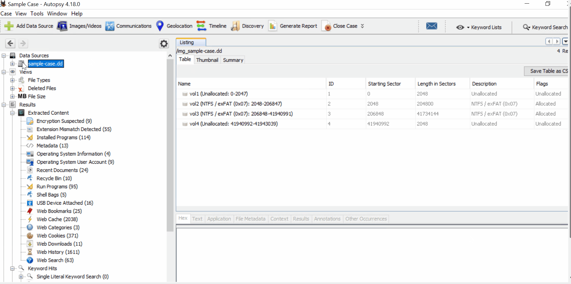 Autopsy analyzing a disk image (sample-case.dd). The tree lists extracted content like installed programs and recent documents; the table shows the image's volumes and their NTFS/exFAT partitions and sectors.
