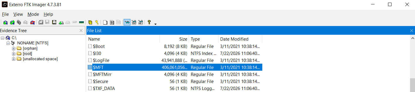 Screenshot of Exterro FTK Imager showing the C: drive as an NTFS volume. The evidence tree lists orphan, root, and unallocated space. The file list shows NTFS metadata files including $Boot, $LogFile, and $MFT (the Master File Table, selected and about 406 MB), key artifacts for filesystem forensics.