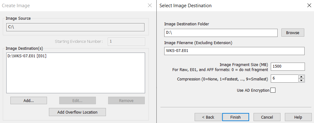 Two FTK Imager dialogs for creating a disk image. The "Create Image" window sets the source as C:\ and the destination as D:\WKS-07.E01. The "Select Image Destination" window sets the folder, filename WKS-07.E01, a 1500 MB fragment size, and compression level 6, producing a forensic disk image in E01 format.