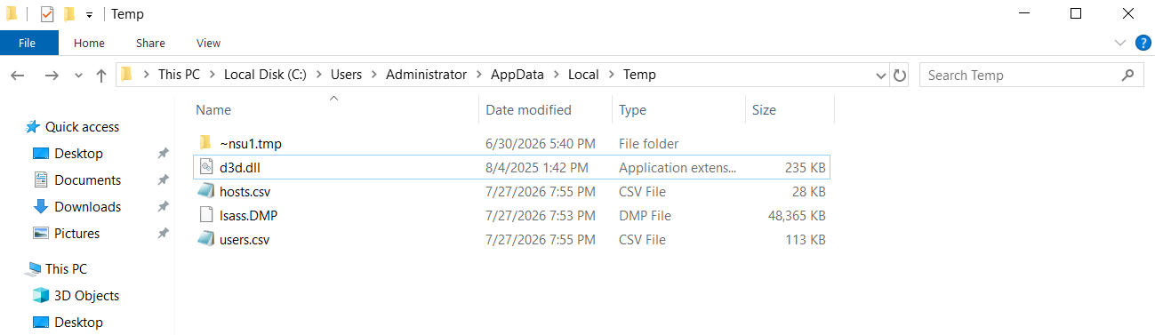 File Explorer at C:\Users\Administrator\AppData\Local\Temp showing suspicious files left by an attacker: d3d.dll, hosts.csv and users.csv (likely reconnaissance output), and lsass.DMP, a 48 MB memory dump of the LSASS process used to steal credentials.