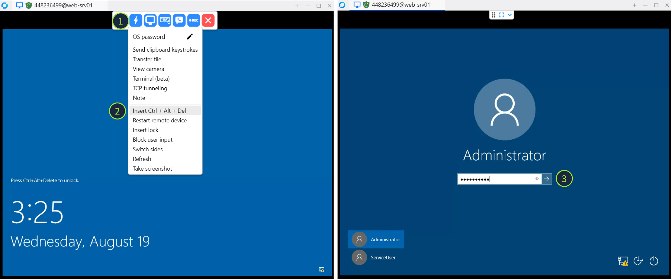 Screenshot showing a remote desktop session to web-srv01 with a Windows Administrator login screen, and a toolbar menu open with "Insert Ctrl + Alt + Del" highlighted.