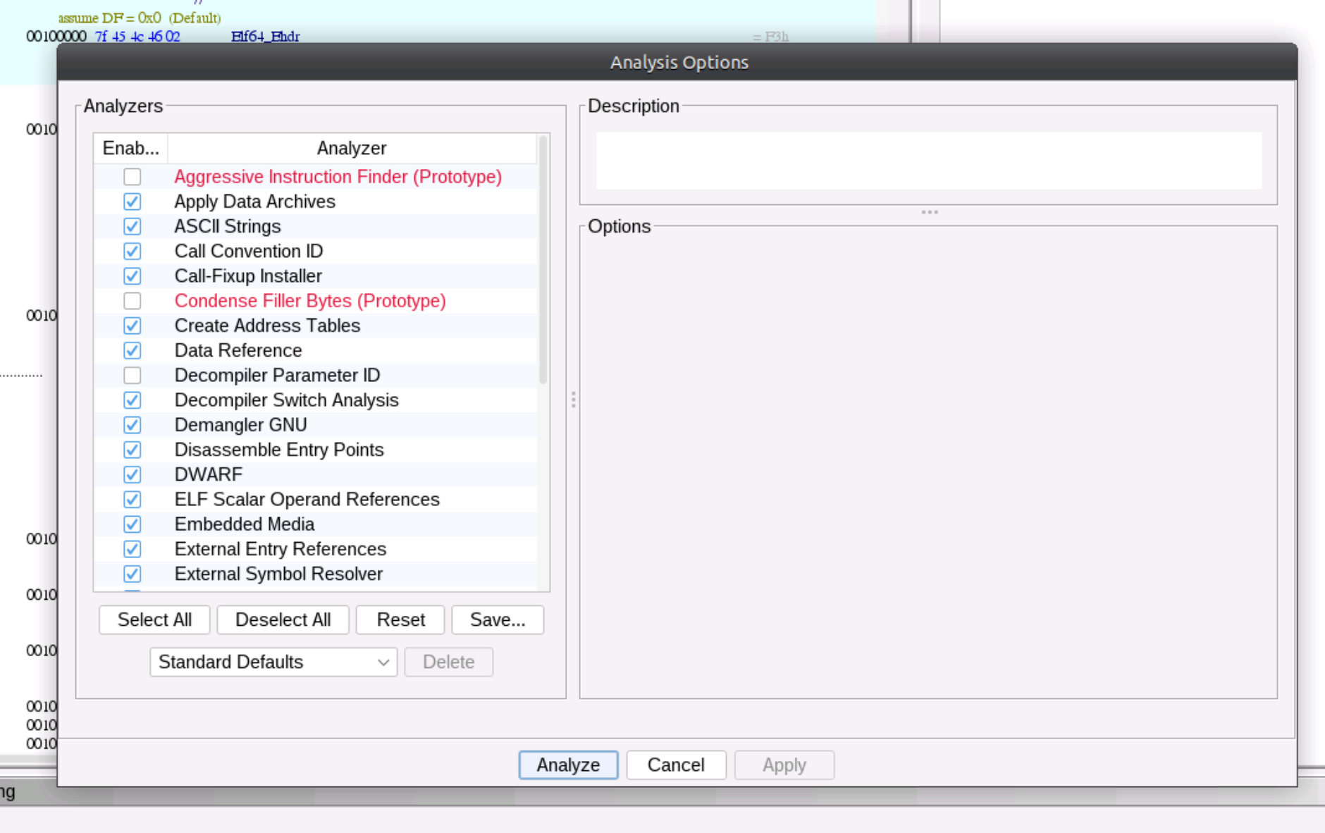 Showing the Analysis Options in Ghidra with the default options set.