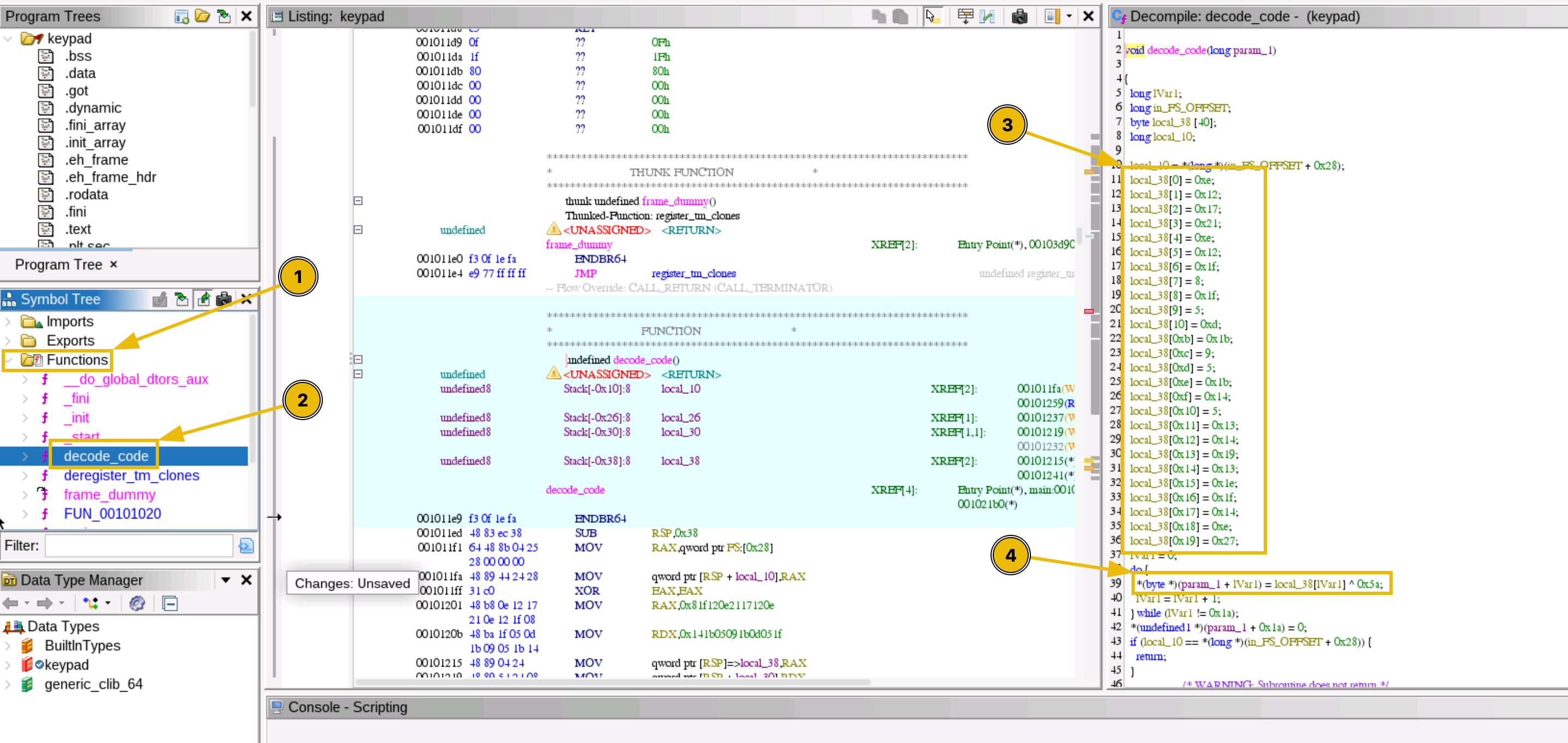 Showing, in Ghidra, the section where the variables hold the program values.