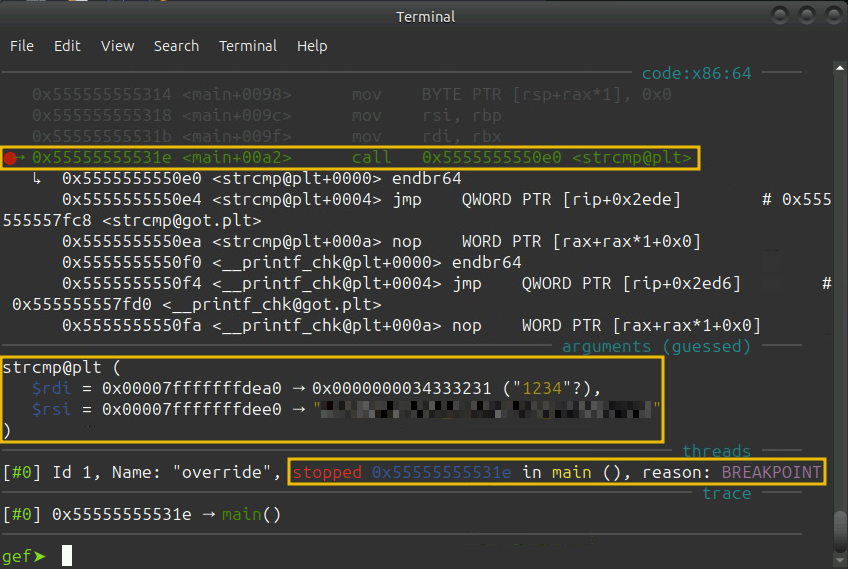 Showing a highlight of the breakpoint in GEF where the flag is stored.