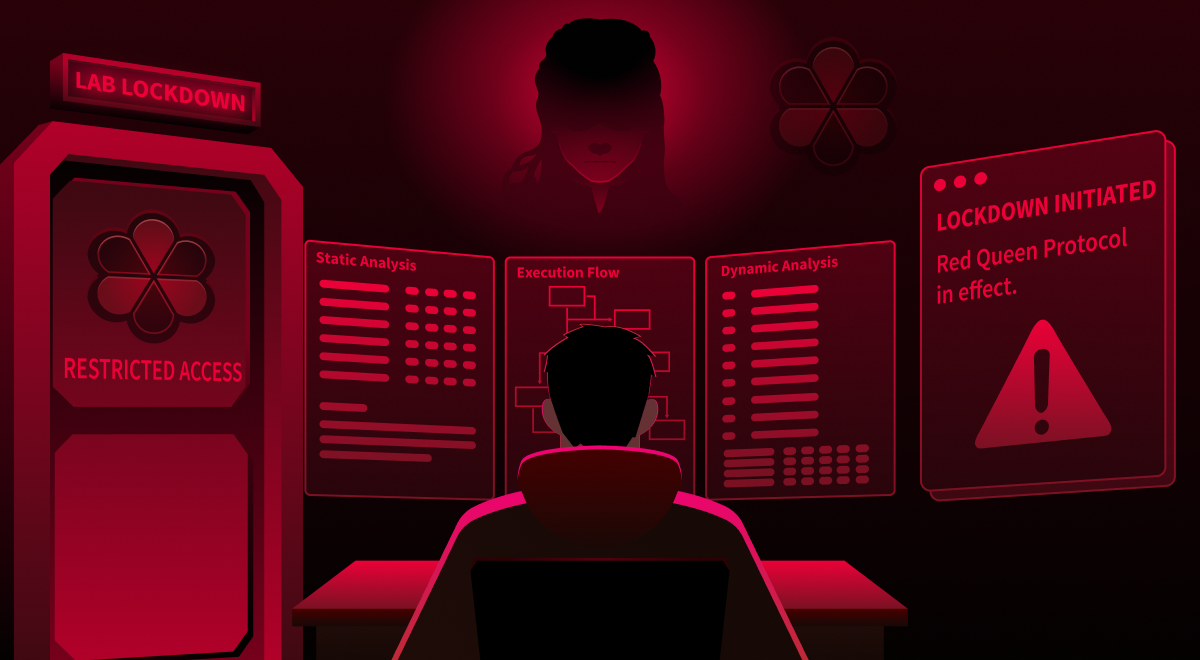 Showing engineer at a terminal with the Red Queen looking over.