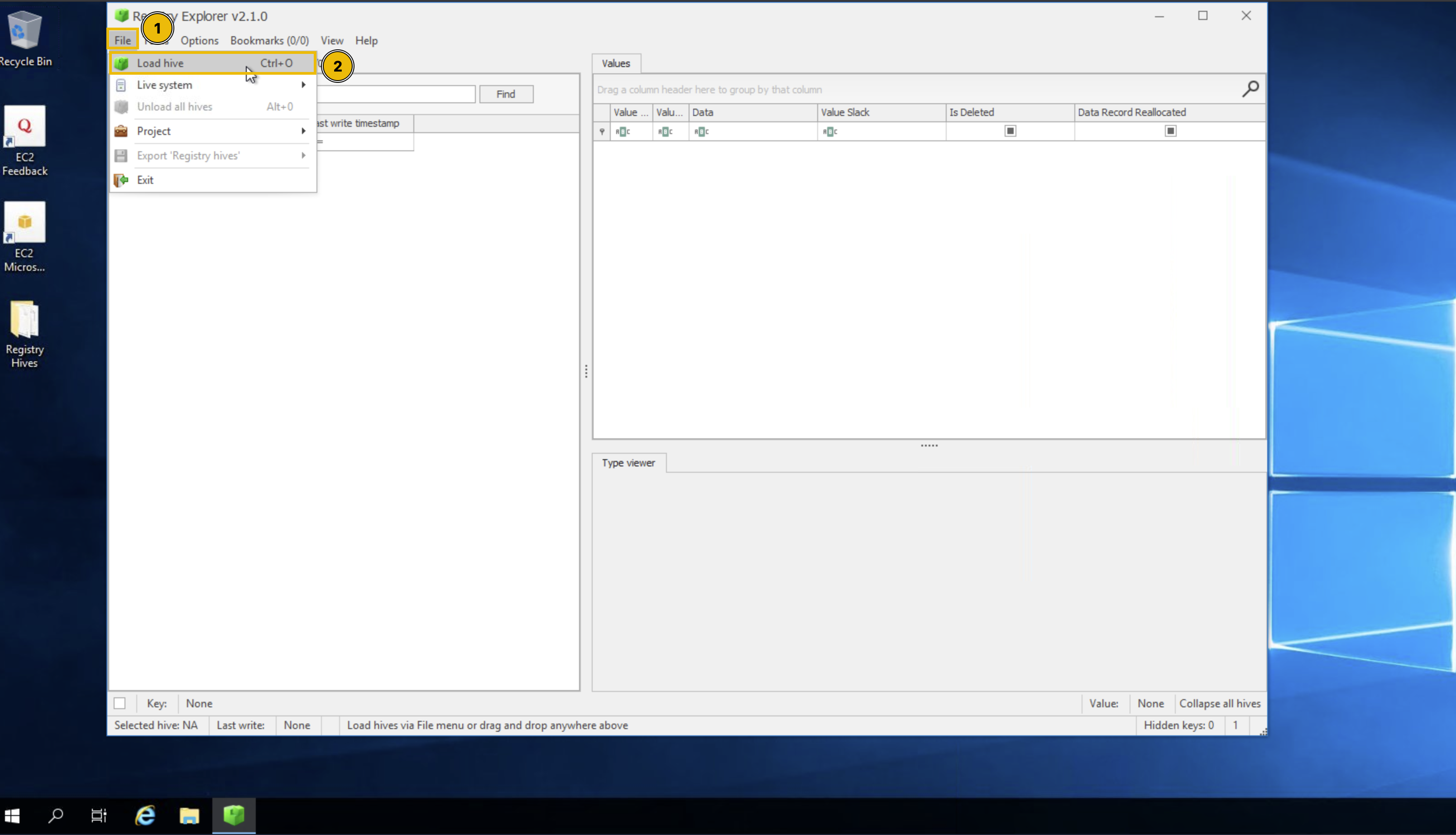 Registry Explorer screenshot with the option of loading offline hives highlighted. 