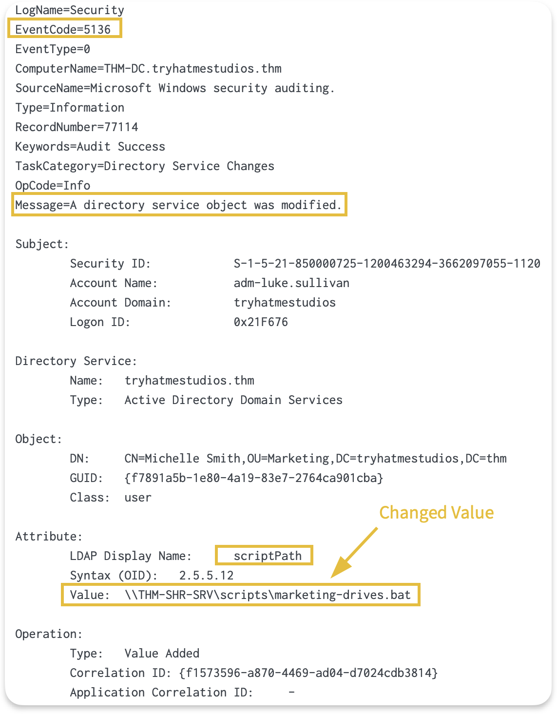 Event 5136 showing logon script configuration change
