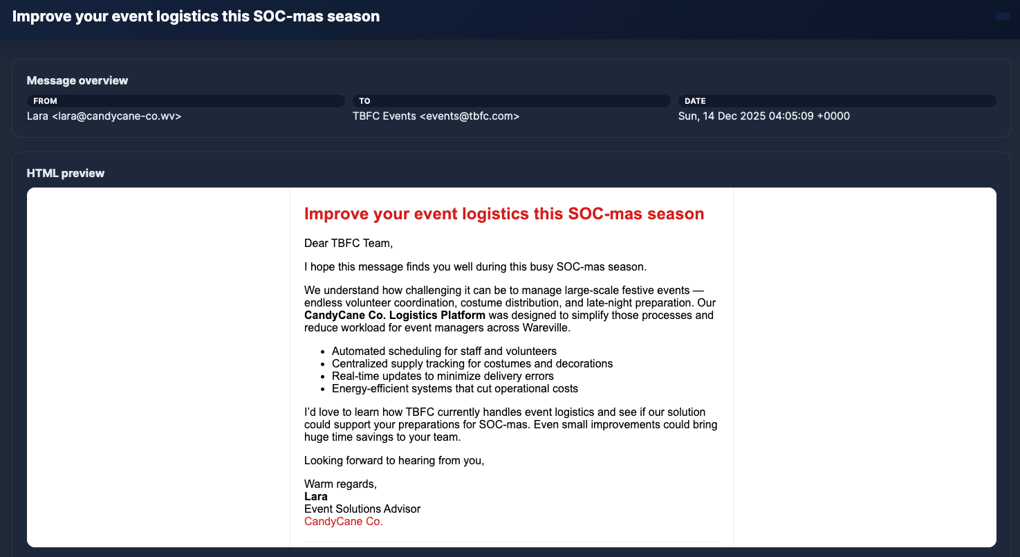 Sample spam message with marketing intent to enhance the logistics for TBFC events.