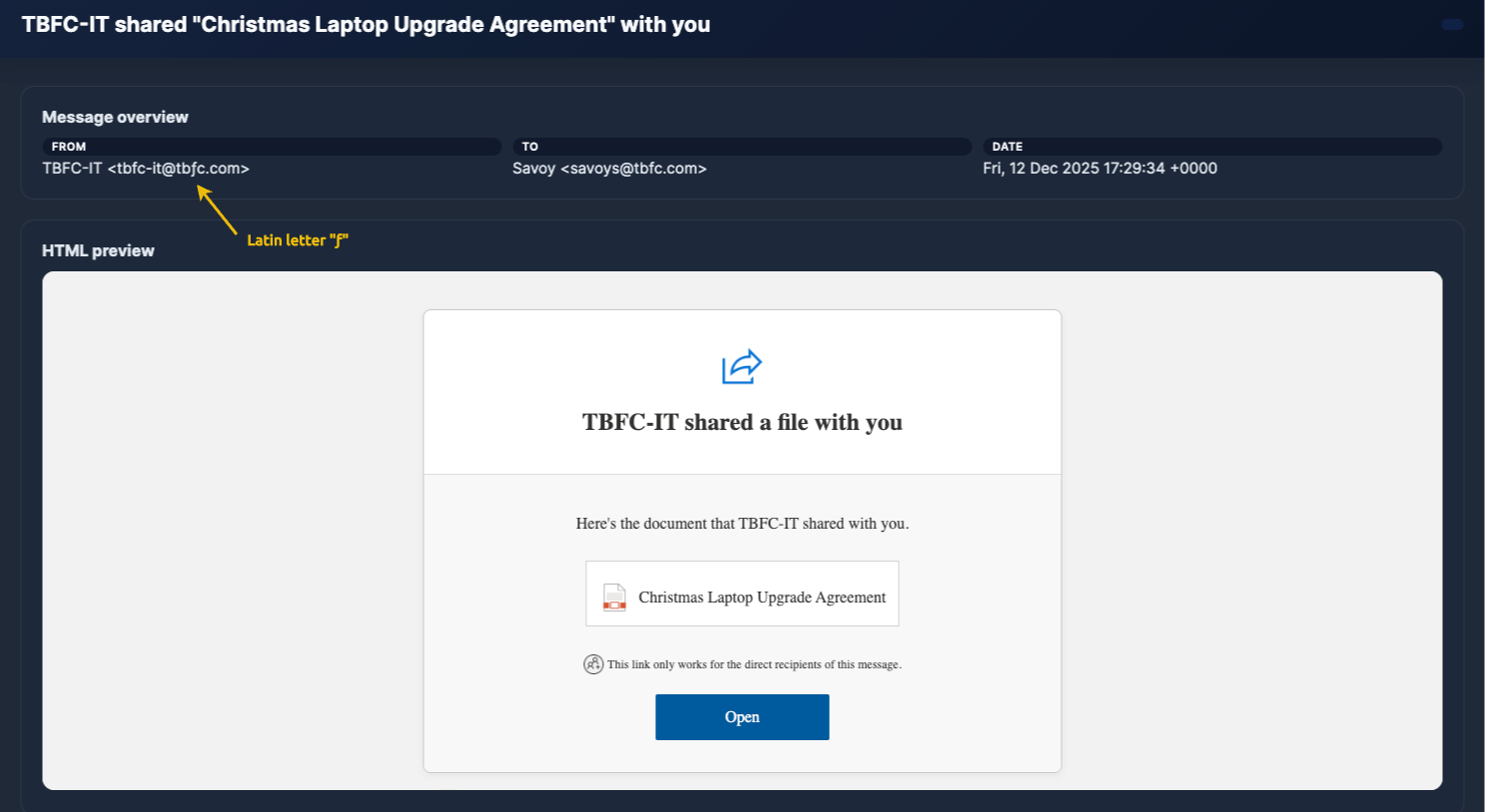 Shared document from an attacker pretending to be the IT department from TBFC. The sender's domain has a punycode of the Latin letter ƒ.