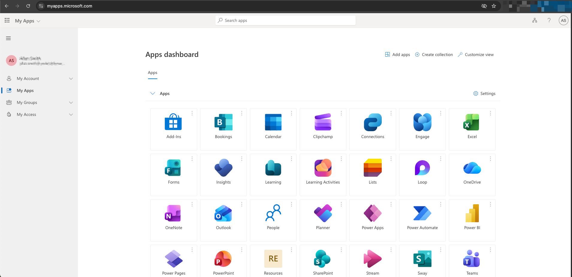 Screenshot of the M365 apps page.