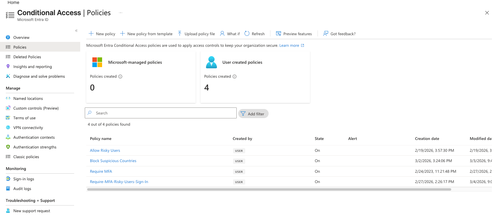 Screenshot of policies created within an Entra ID environment.