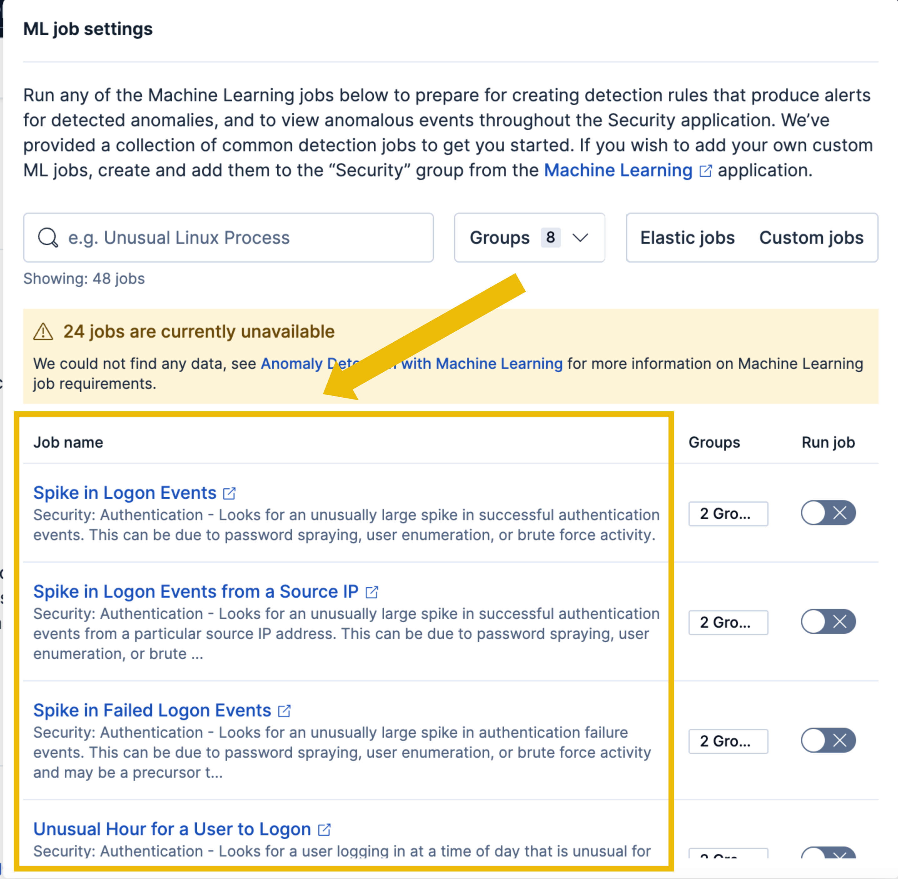 Screenshot of pre-defined ML jobs in Elastic.