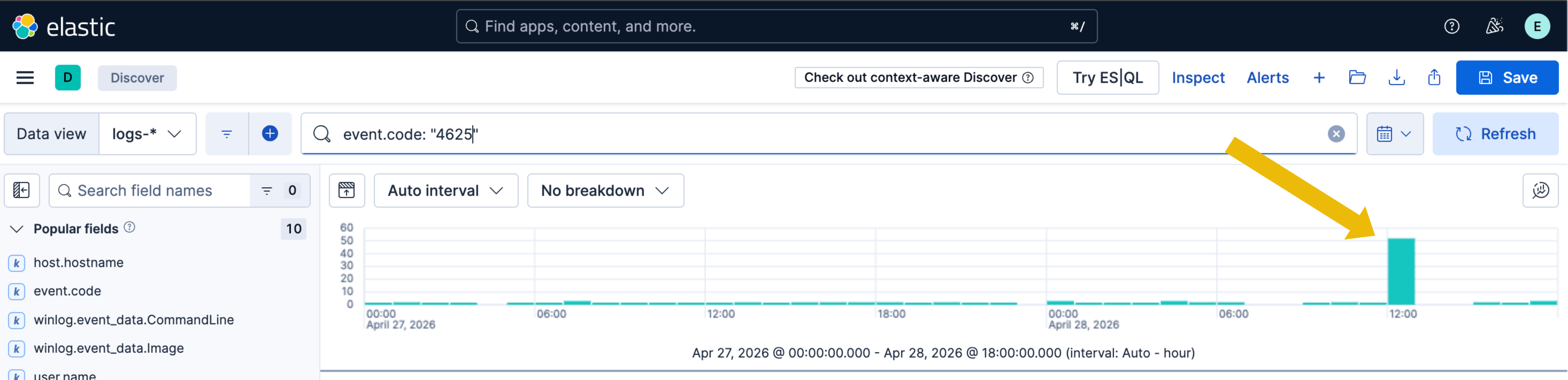 Screenshot of the spike in failed logons during the attack time.