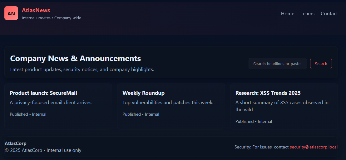 Atlas news website dashboard.