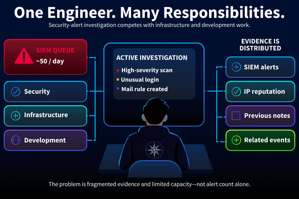 Illustration of a small company where one engineer manages security, infrastructure, and development while investigating approximately 50 SIEM alerts per day. Evidence comes from multiple sources including SIEM alerts, IP reputation, previous notes, and related events.