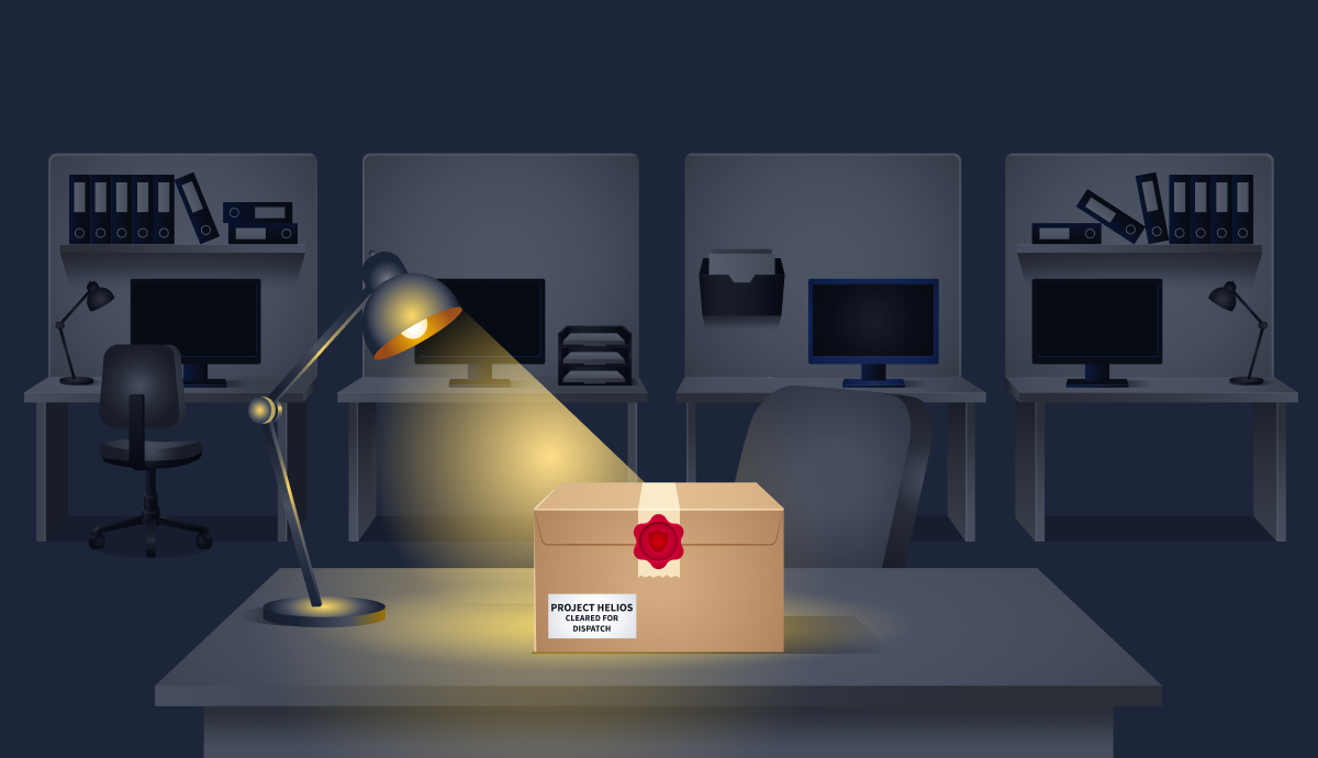 A sealed cardboard package with a wax seal and a label reading Project Helios, cleared for dispatch, sitting alone on a desk lit by a single lamp in a dark, empty office.